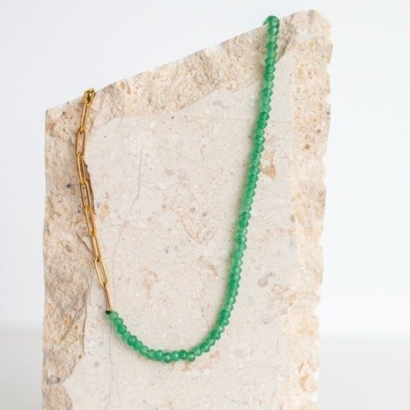 BUNDLE EARRING AND NECKLACE Green Aventurine Sparkly hoops half paperclip chain - Picture 10 of 16